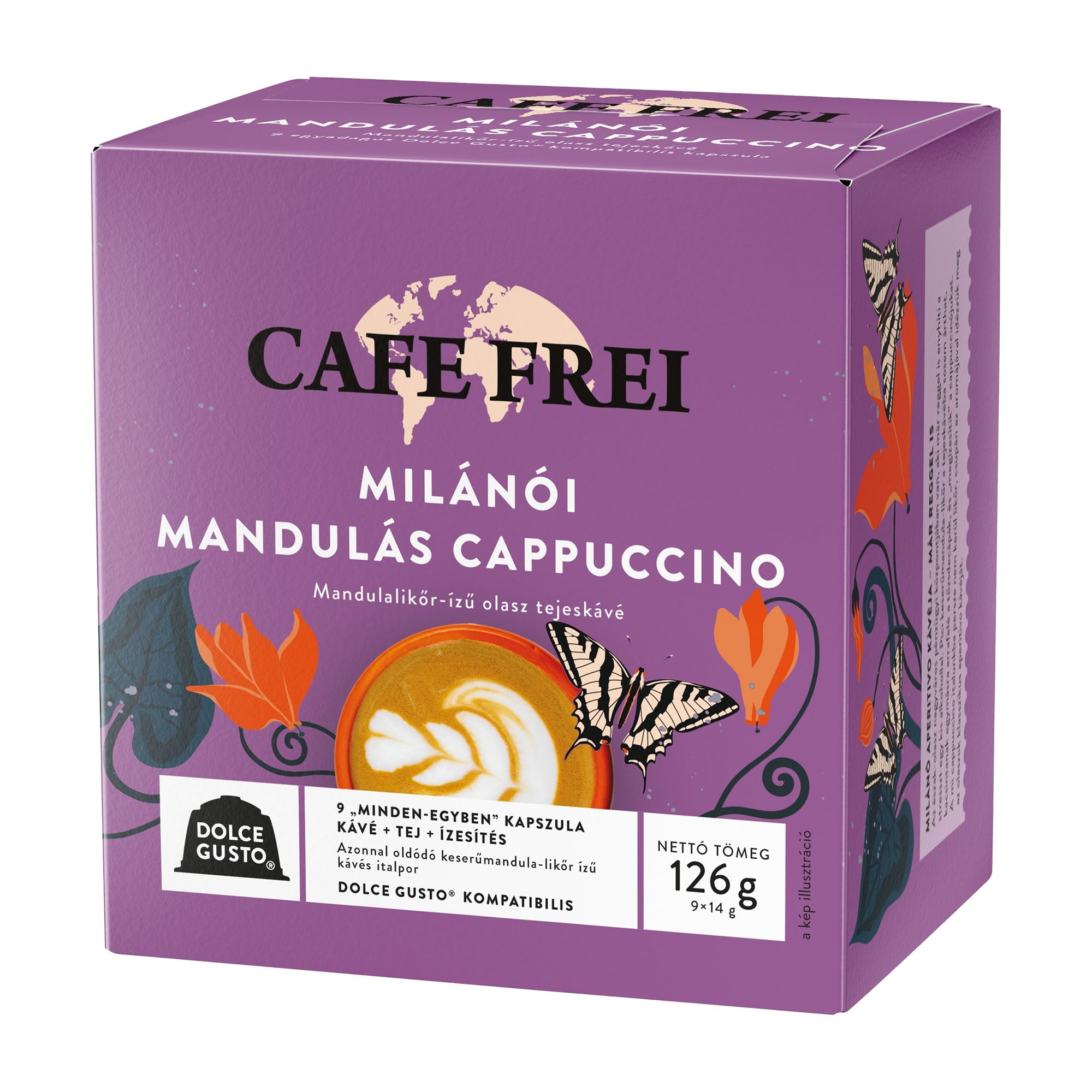 Purple box of Cafe Frei Milano Almond Cappuccino with decorative elements on a white background