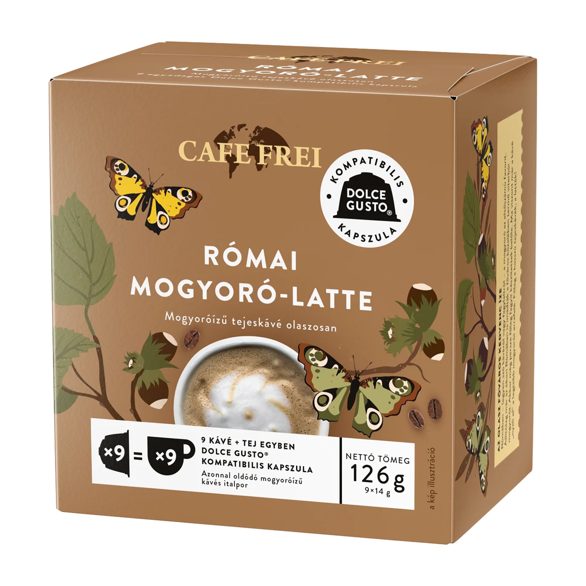 Cafe Frei Roman Dolce Gusto coffee capsule packaging with butterflies and coffee cup illustration.
