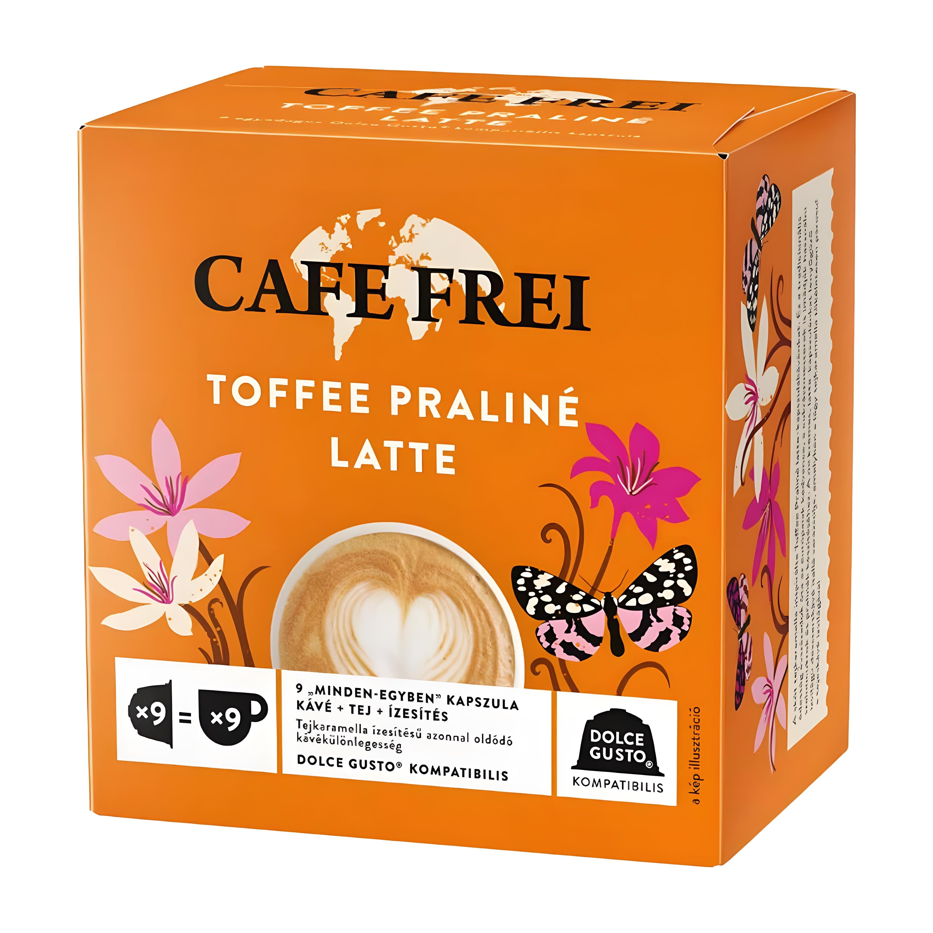 Cafe Frei Toffee Praliné Latte dolce gusto coffee capsule packaging on a white background
