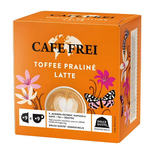 Cafe Frei Toffee Praliné Latte dolce gusto coffee capsule packaging on a white background