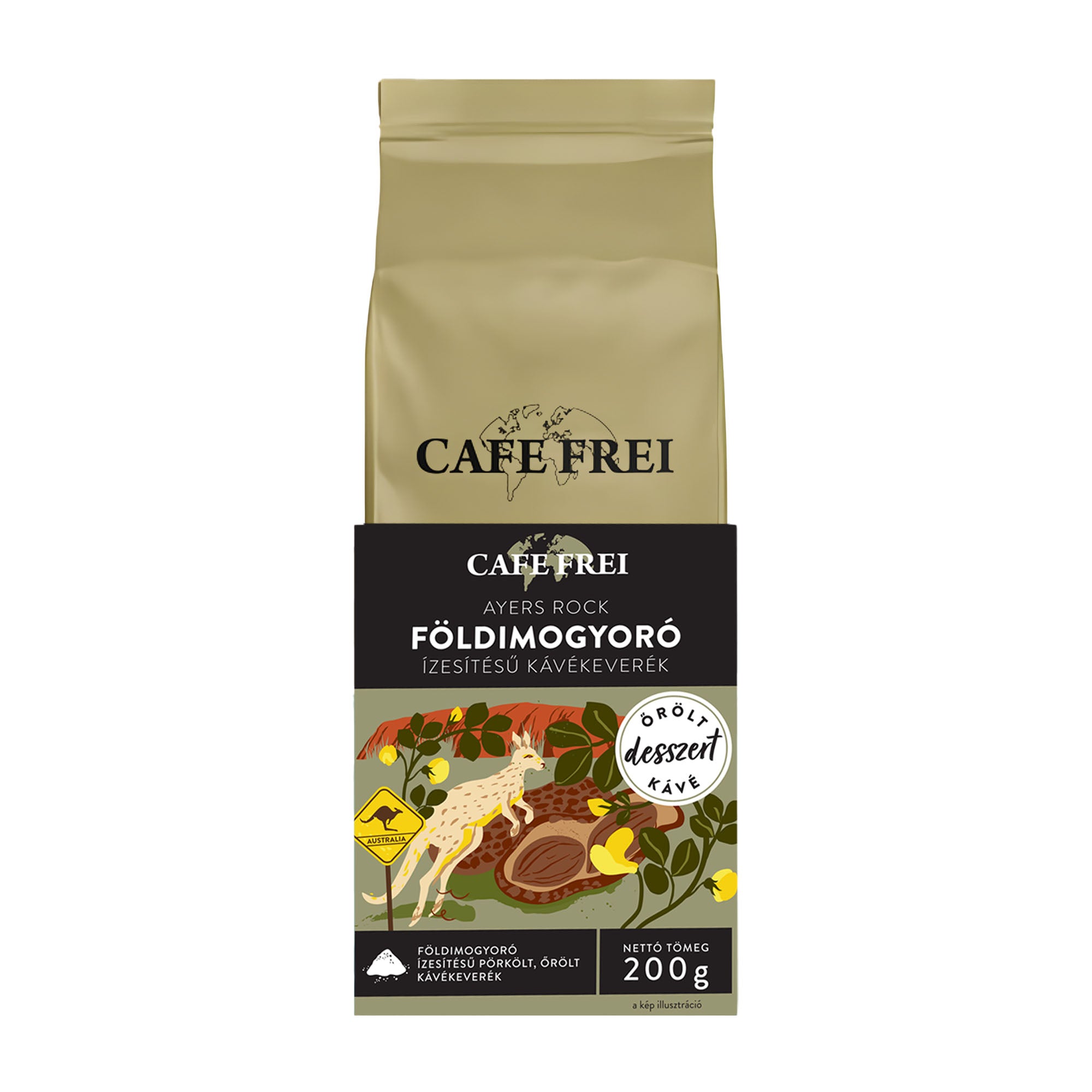 Cafe Frei Ayers Rock Peanut ground coffee packaging on a white background.