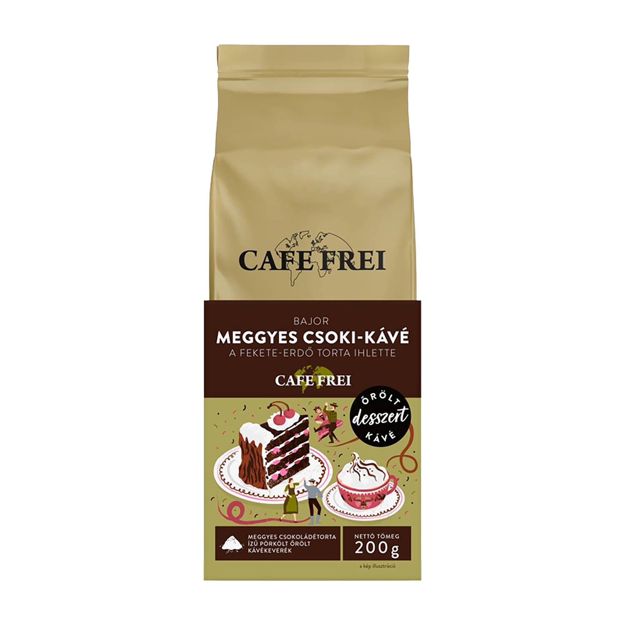 Cafe Frei coffee package with cake illustration on a white background