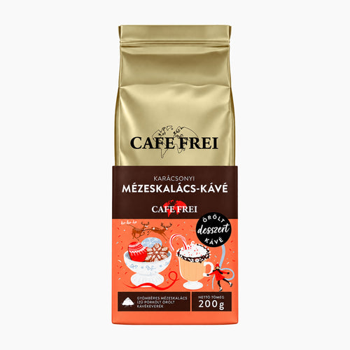 A 200g bag of Cafe Frei Christmas Gingerbread ground dessert coffee featuring a metallic gold upper half and a festive orange and brown lower half with holiday illustrations.