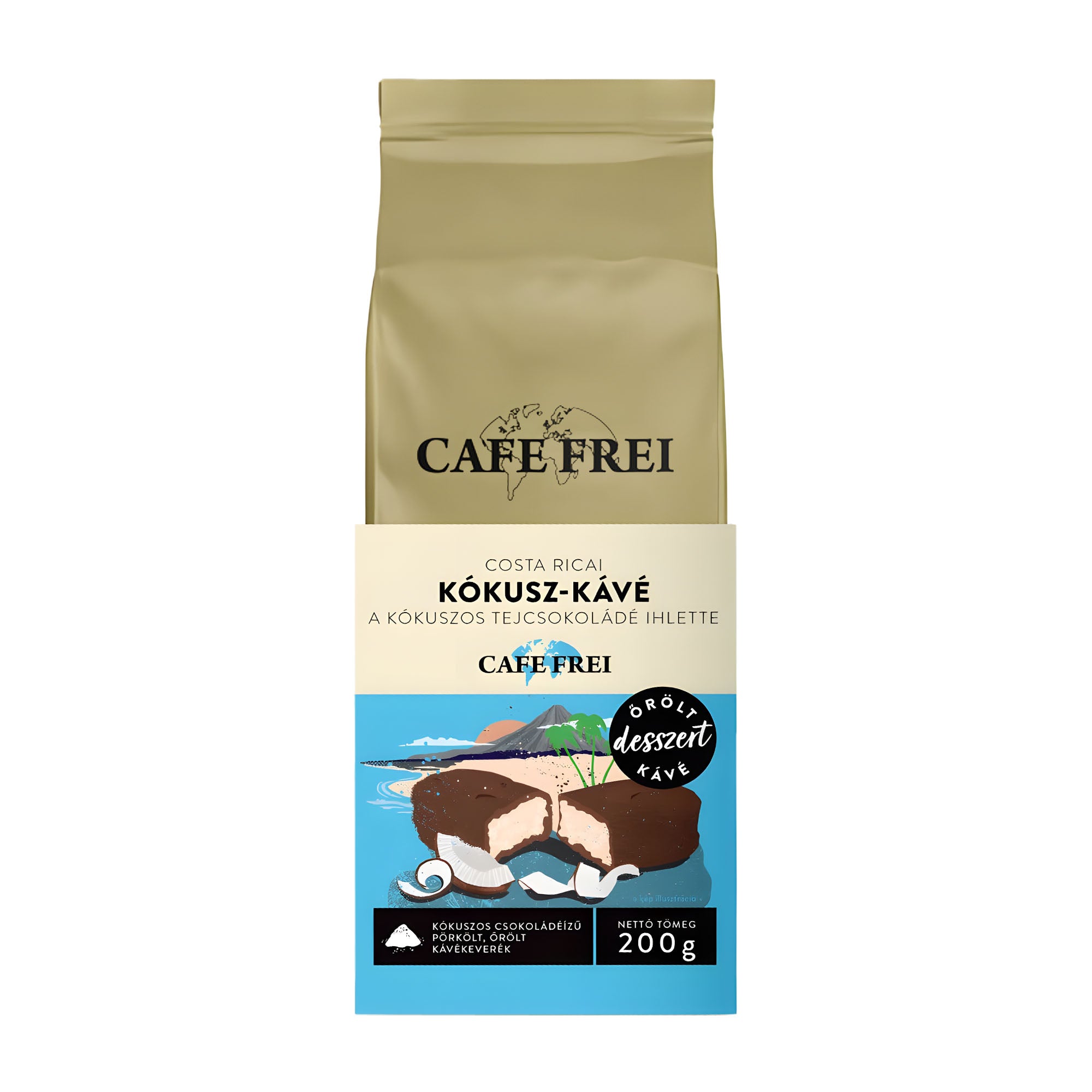 Cafe Frei Costa Rica Coconut ground coffee package with a coconut-chocolate illustration on a white background