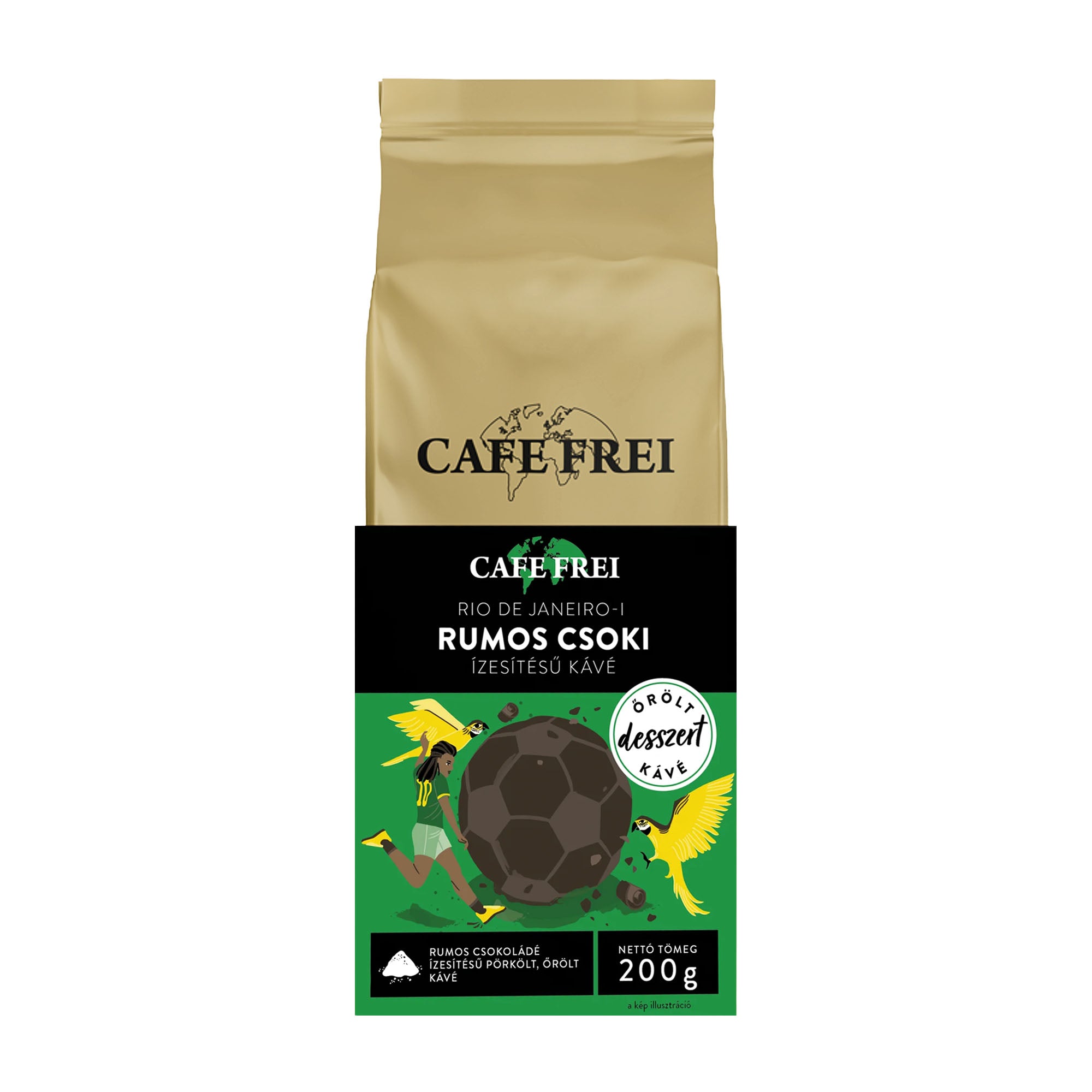 Cafe Frei Rio De Janeiro Rum Chocolate Ground Coffee packaging on a white background.