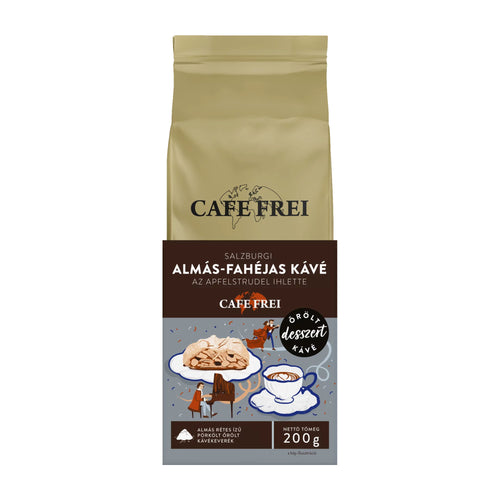 Cafe Frei Salzburg Apple Cinnamon ground coffee package with branding and product details on a white background