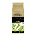 Packaging of Cafe Frei San Diego pistachio ground coffee, featuring a beige background with a graphic of a pistachio and text detailing the product.
