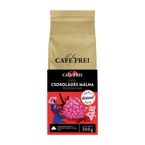 Cafe Frei Tokyo chocolate raspberry ground coffee packaging on a white background