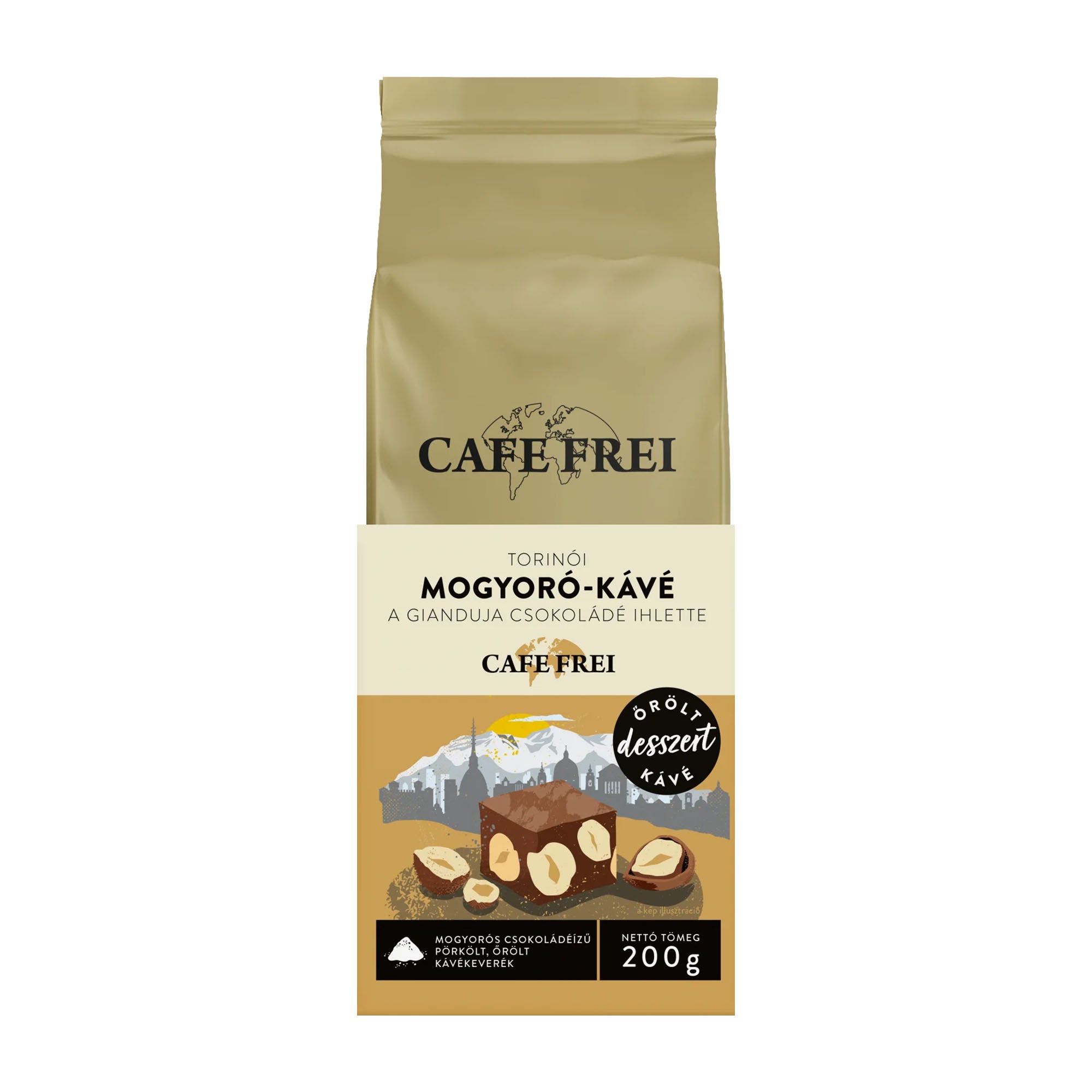 Cafe Frei Torino Hazelnut ground coffee package with chocolate and hazelnut illustration on a white background