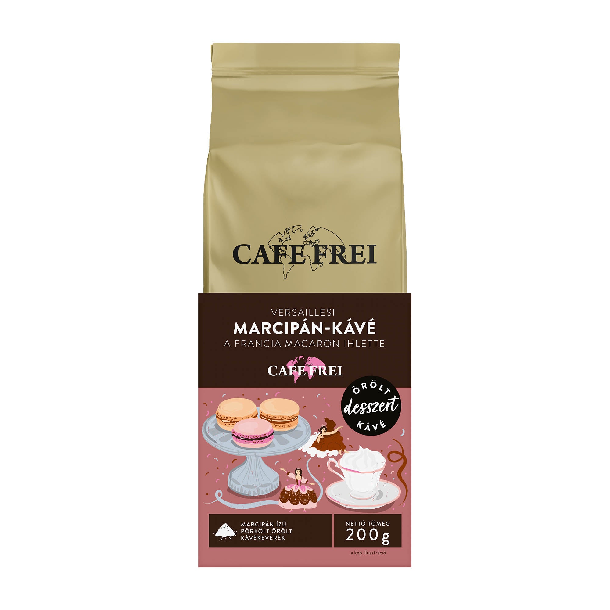 Packaging of Cafe Frei Versailles marzipan macaron ground coffee, featuring the brand logo, an illustration of coffee cups and macarons, and product details in Hungarian and English.