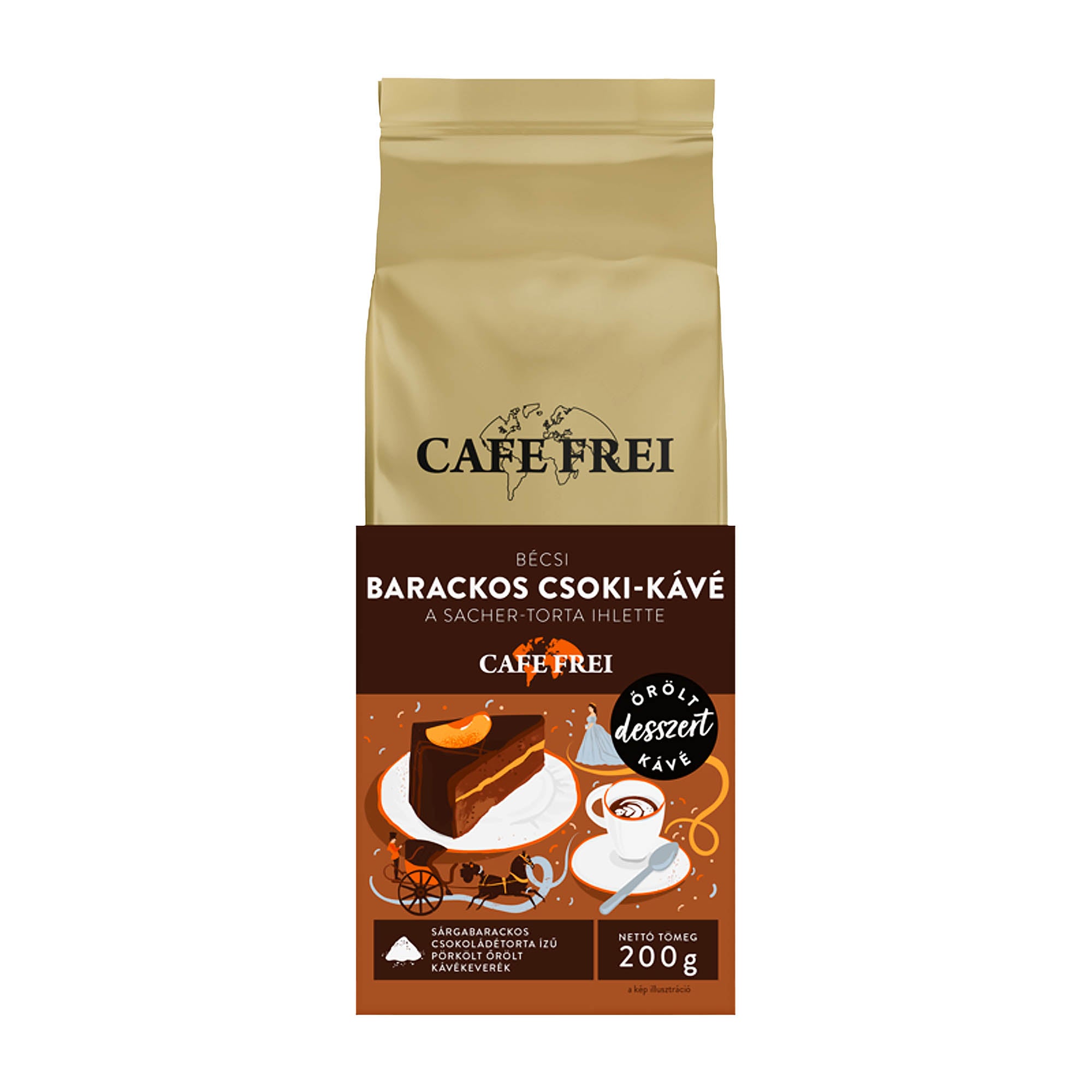 Packaging of Cafe Frei Viennese apricot & chocolate ground coffee, 200 g, with a picture of a Sacher torte and a cup of coffee on the front.