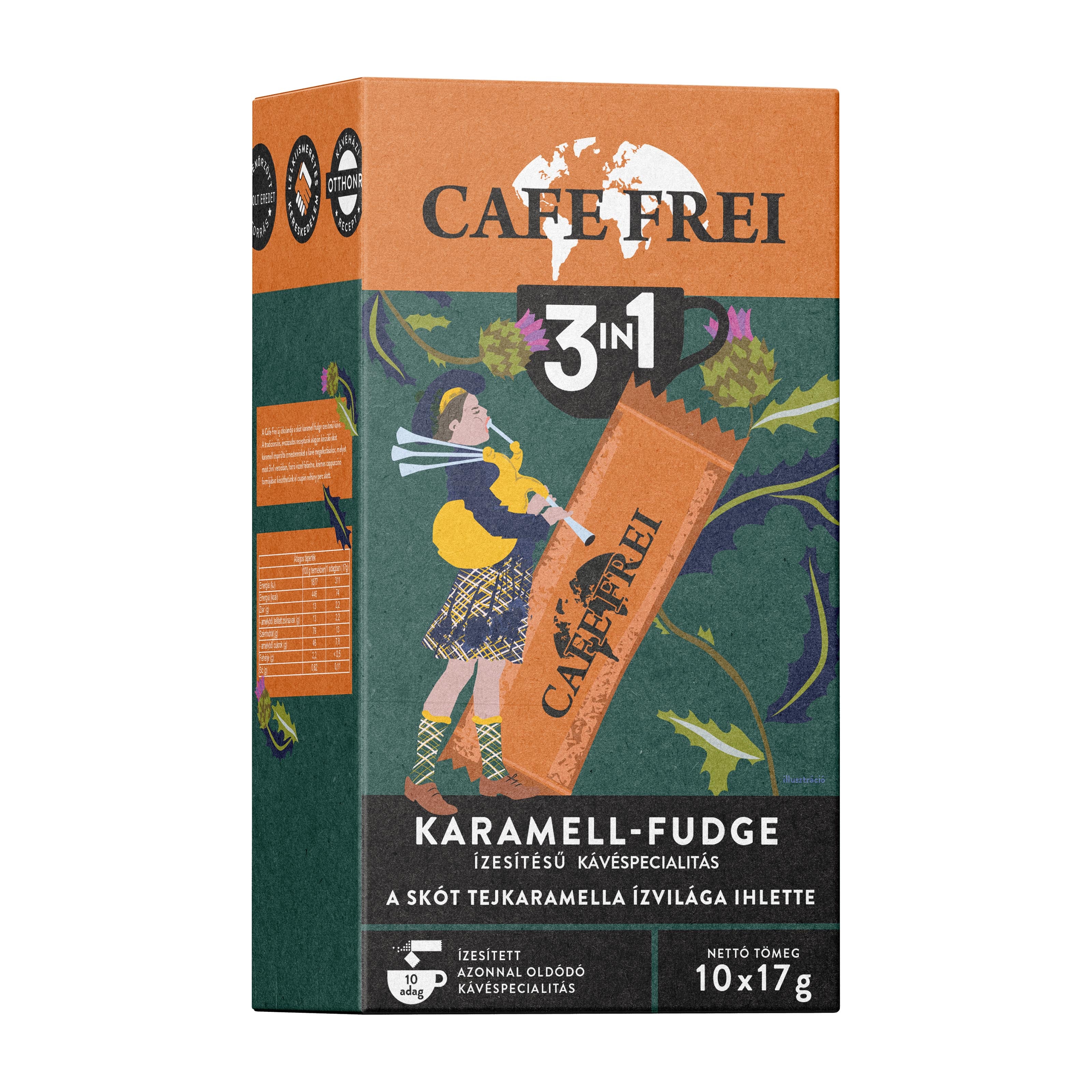 Cafe Frei Caramel Fudge 3in1 instant coffee packaging on a white background