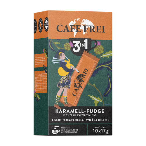 Cafe Frei Caramel Fudge 3in1 instant coffee packaging on a white background