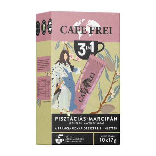 Cafe Frei 3in1 pistachio-marzipan flavored instant coffee packaging on a white background