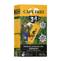 Cafe Frei Tropical Fruit & Tobacco 3in1 instant coffee packaging with a man and flowers on a yellow and green background