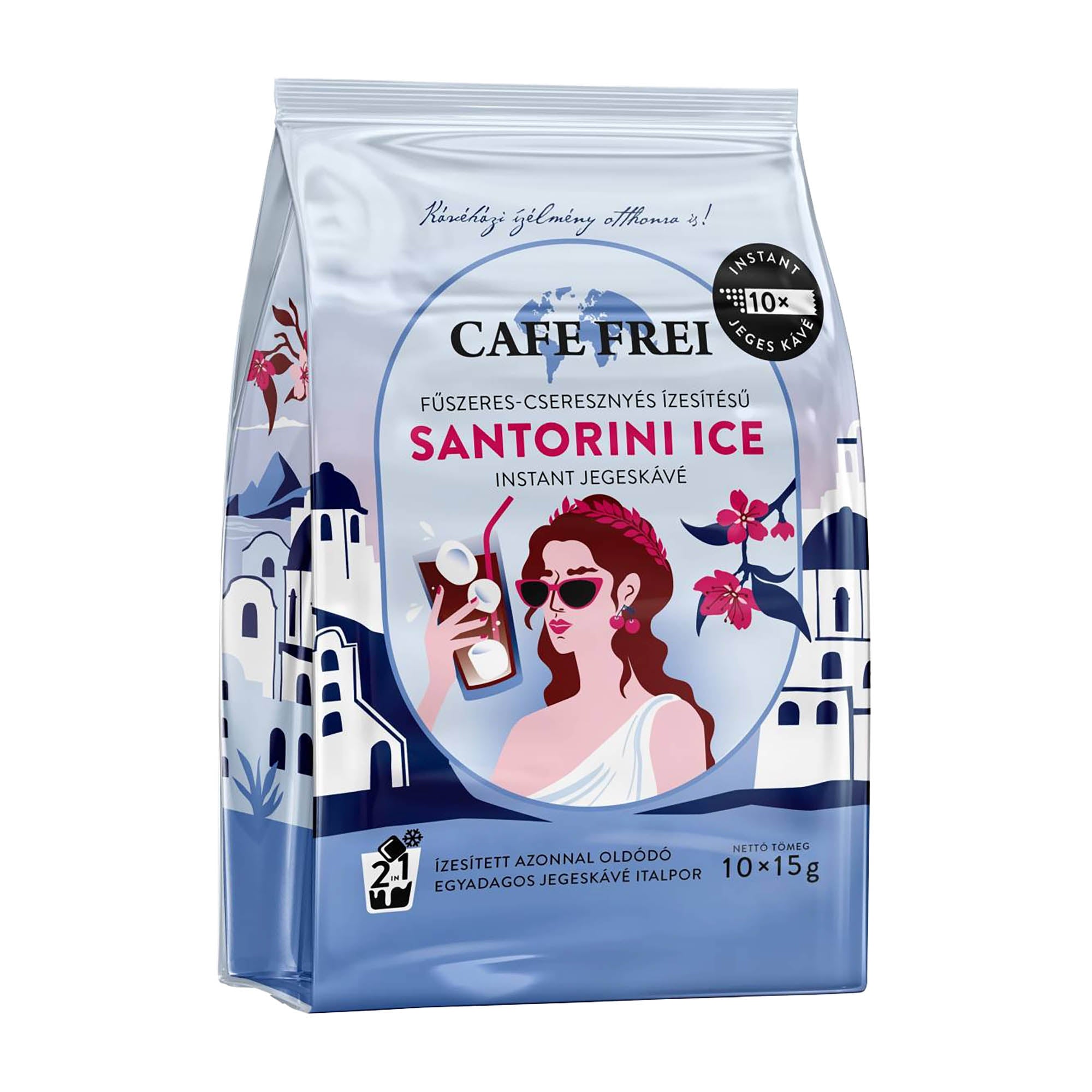 Cafe Frei Santorini Ice Spiced Cherry Instant Iced Coffee packaging on a white background.