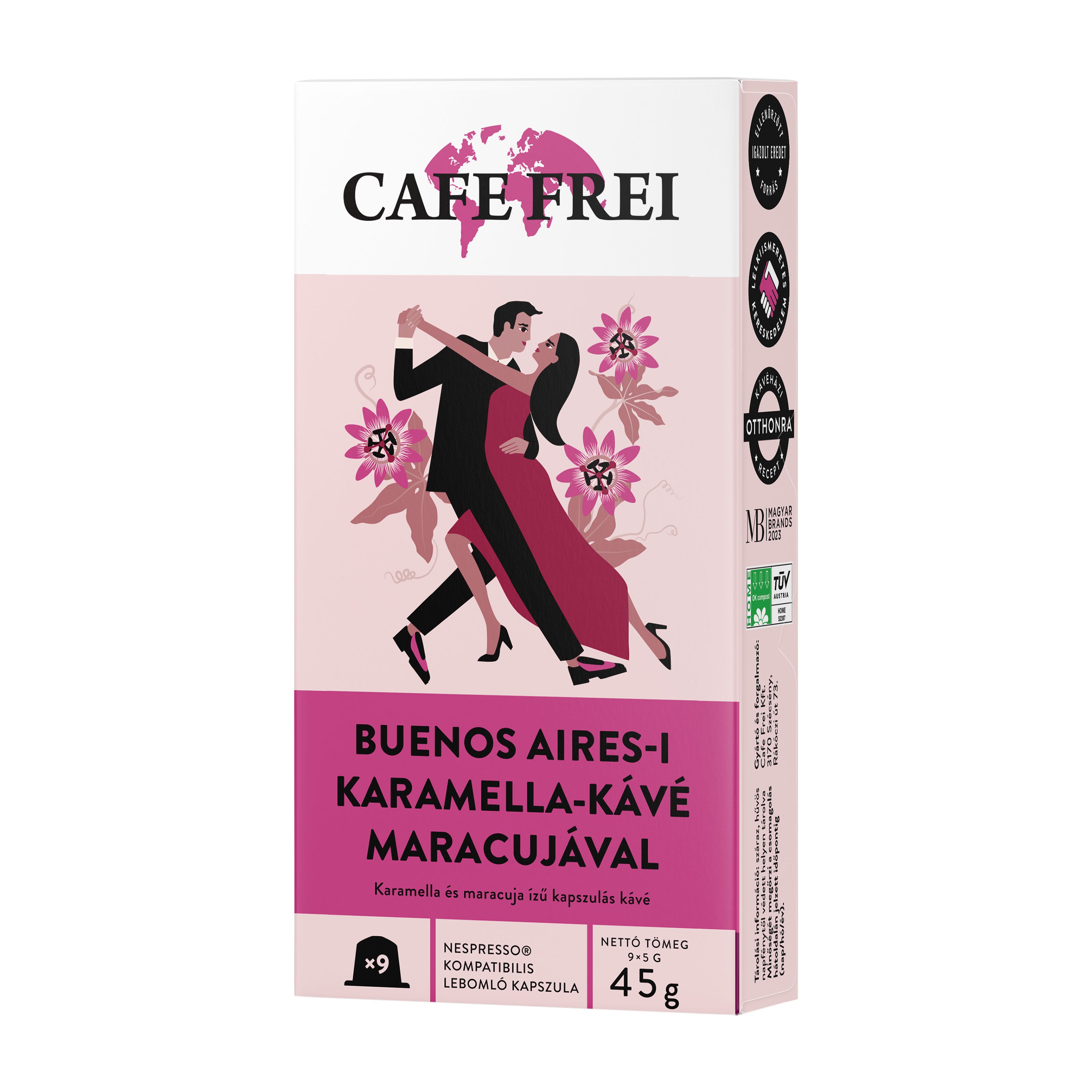 Box of Cafe Frei Buenos Aires Caramel and Passion Fruit coffee capsules on a white background