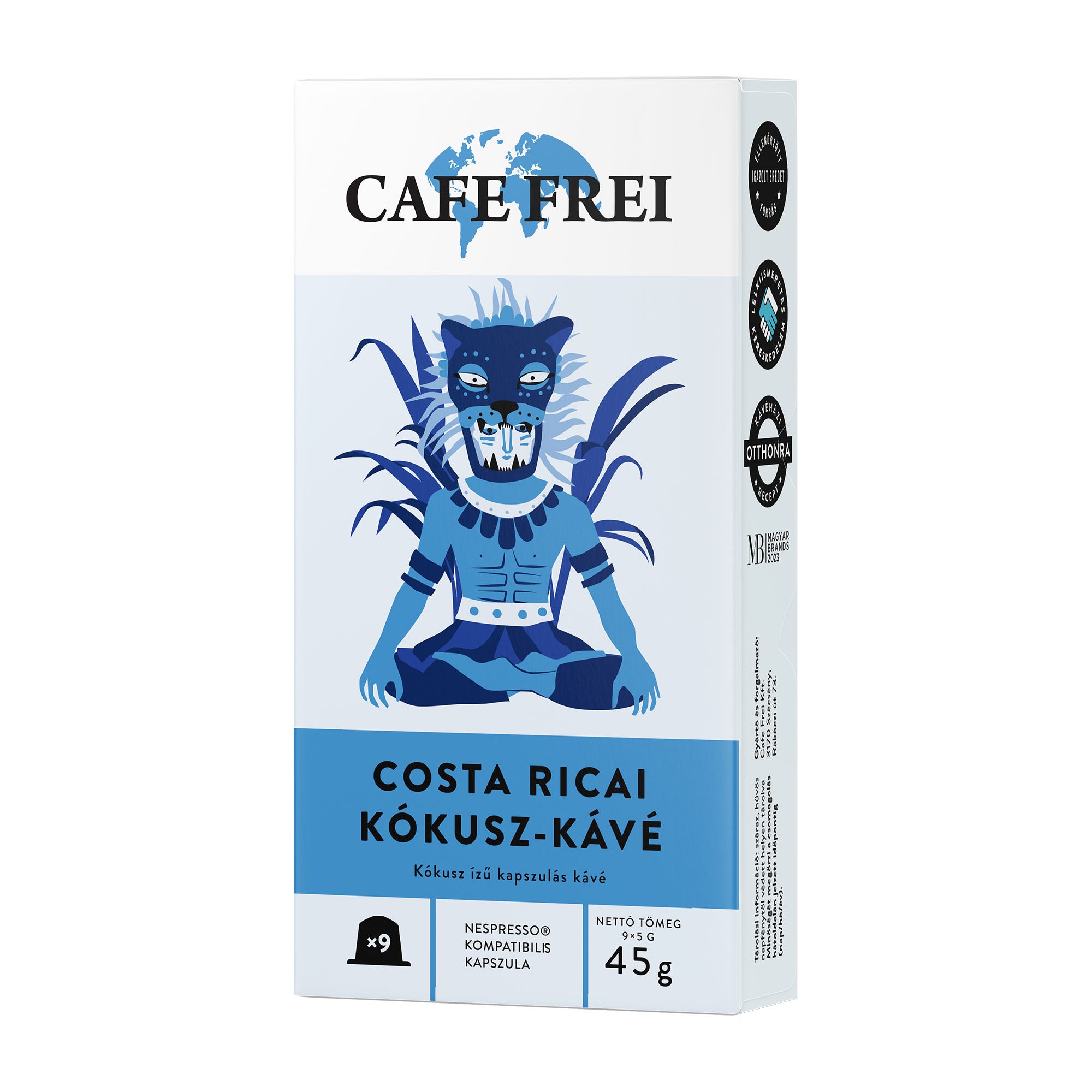 Cafe Frei coffee packaging with a blue panther masked person illustration on a white background