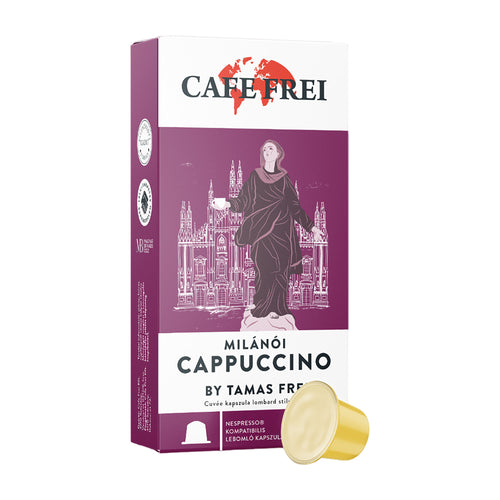 Box of Cafe Frei Milano Cappuccino coffee capsules on a white background