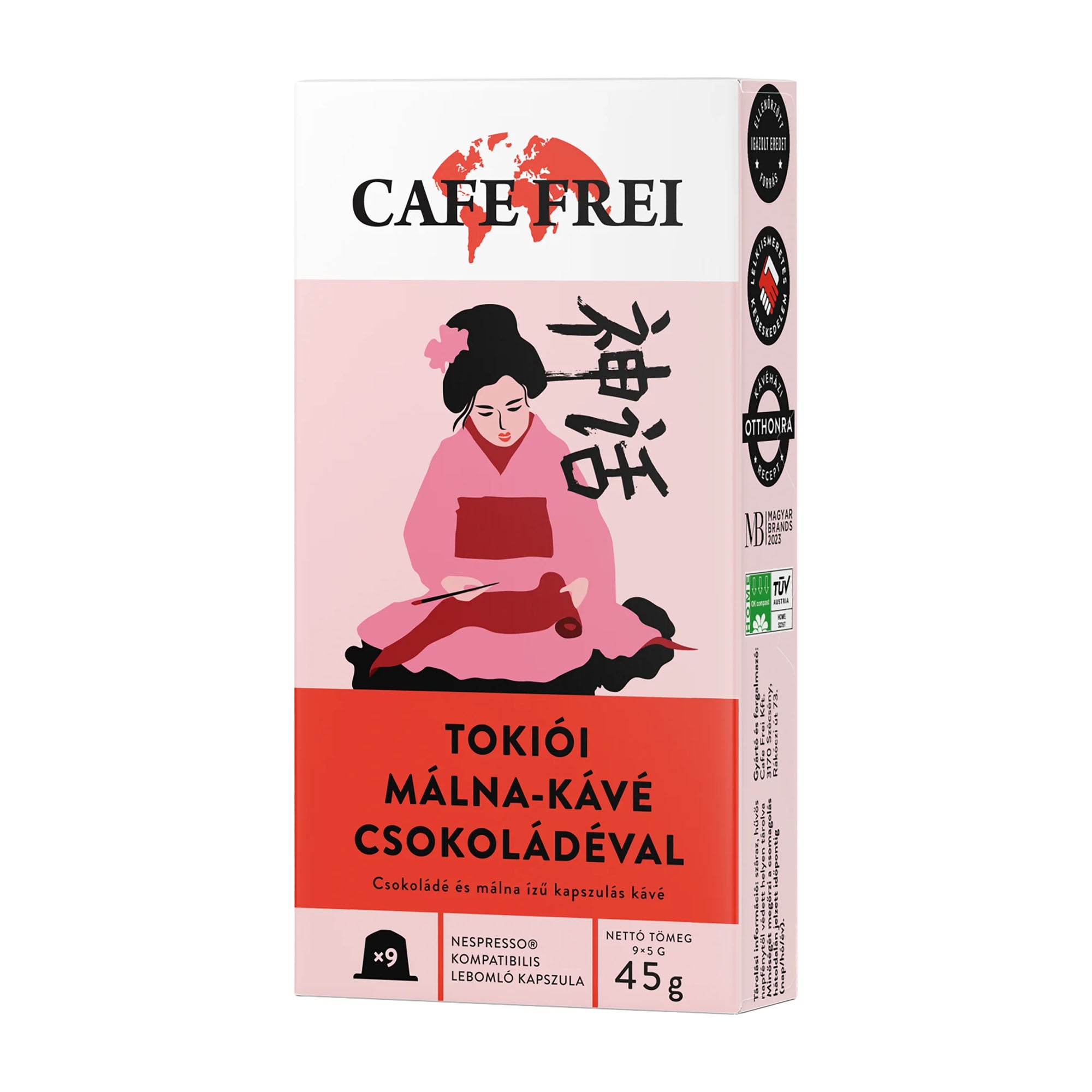 Cafe Frei coffee package with a pink background and Japanese-themed design.