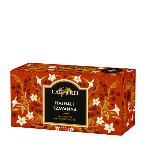 Cafe Frei Dawn Savanna rooibos tea packaging on a white background.