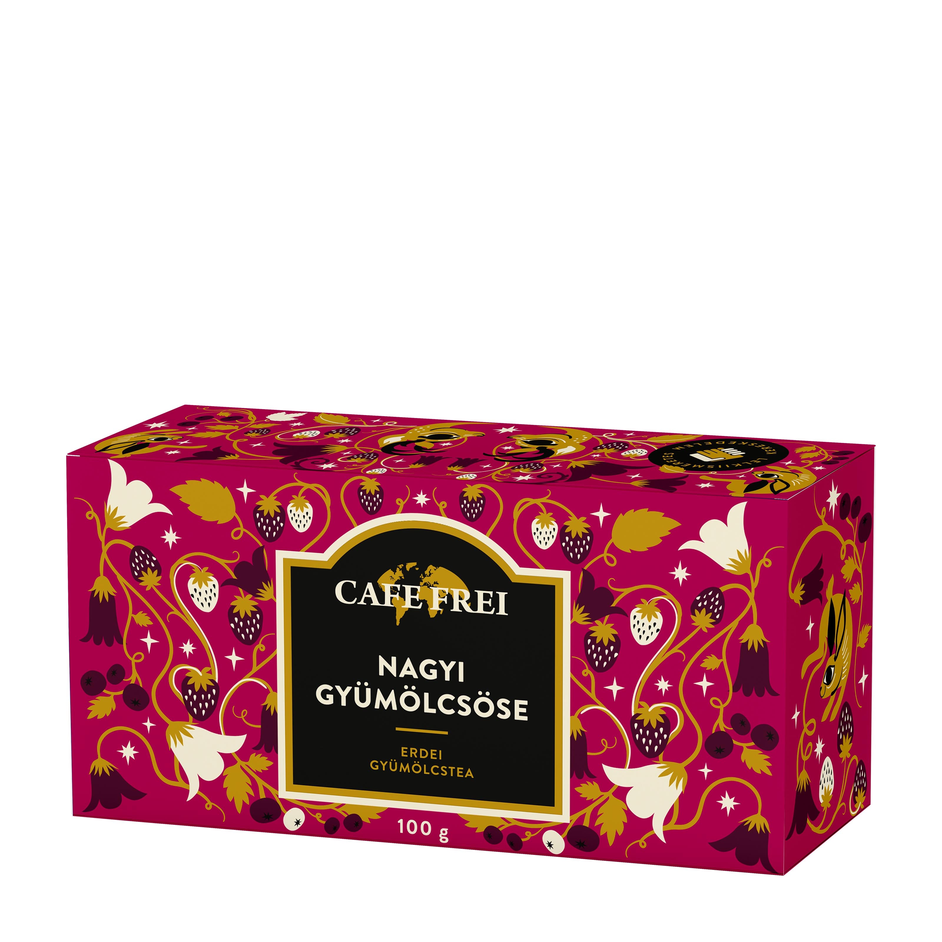 Cafe Frei Granny's Orchard fruit tea packaging on a white background.