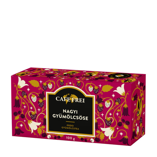 Cafe Frei Granny's Orchard fruit tea packaging on a white background.