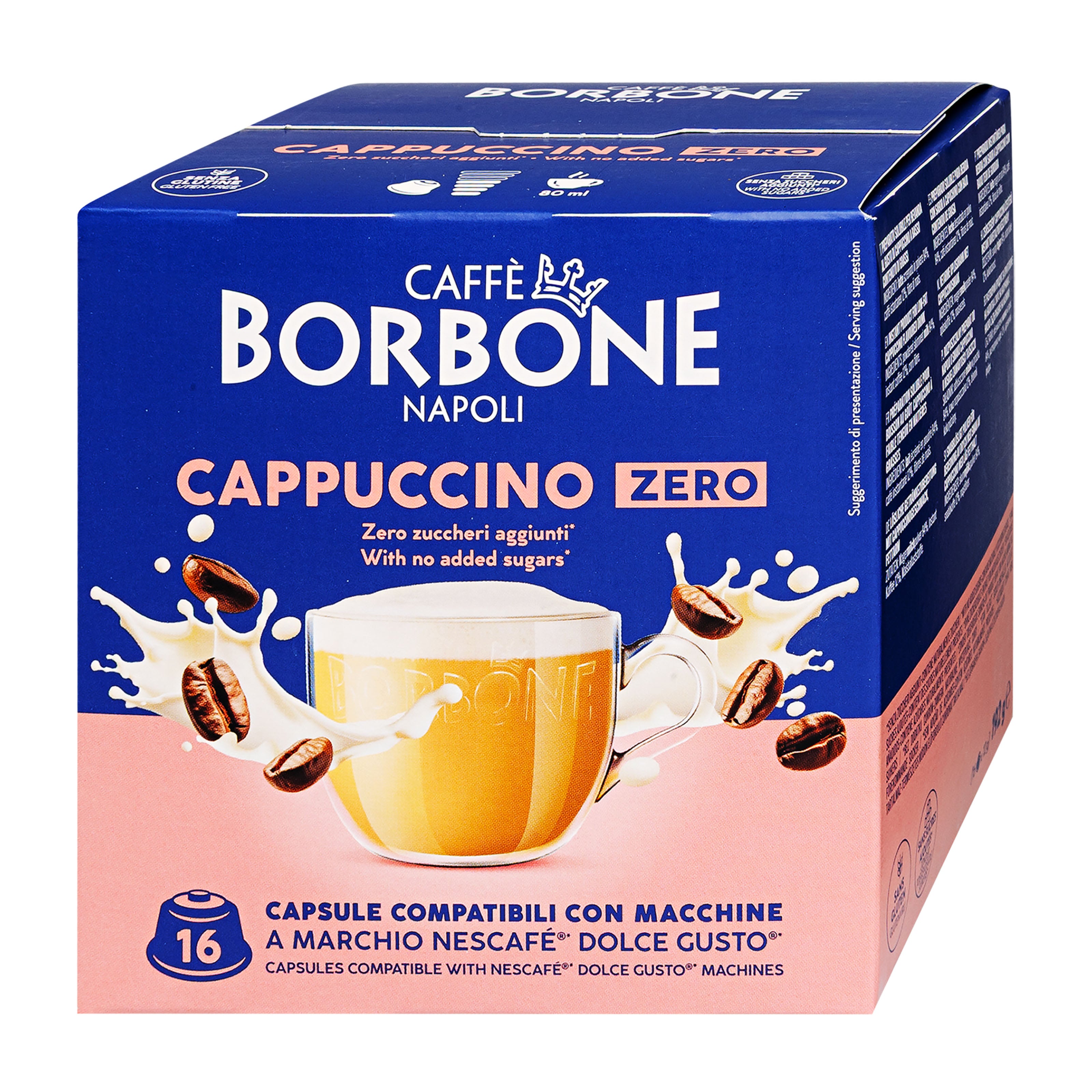 Caffe Borbone Cappuccino Zero dolce gusto coffee capsules packaging on a white background