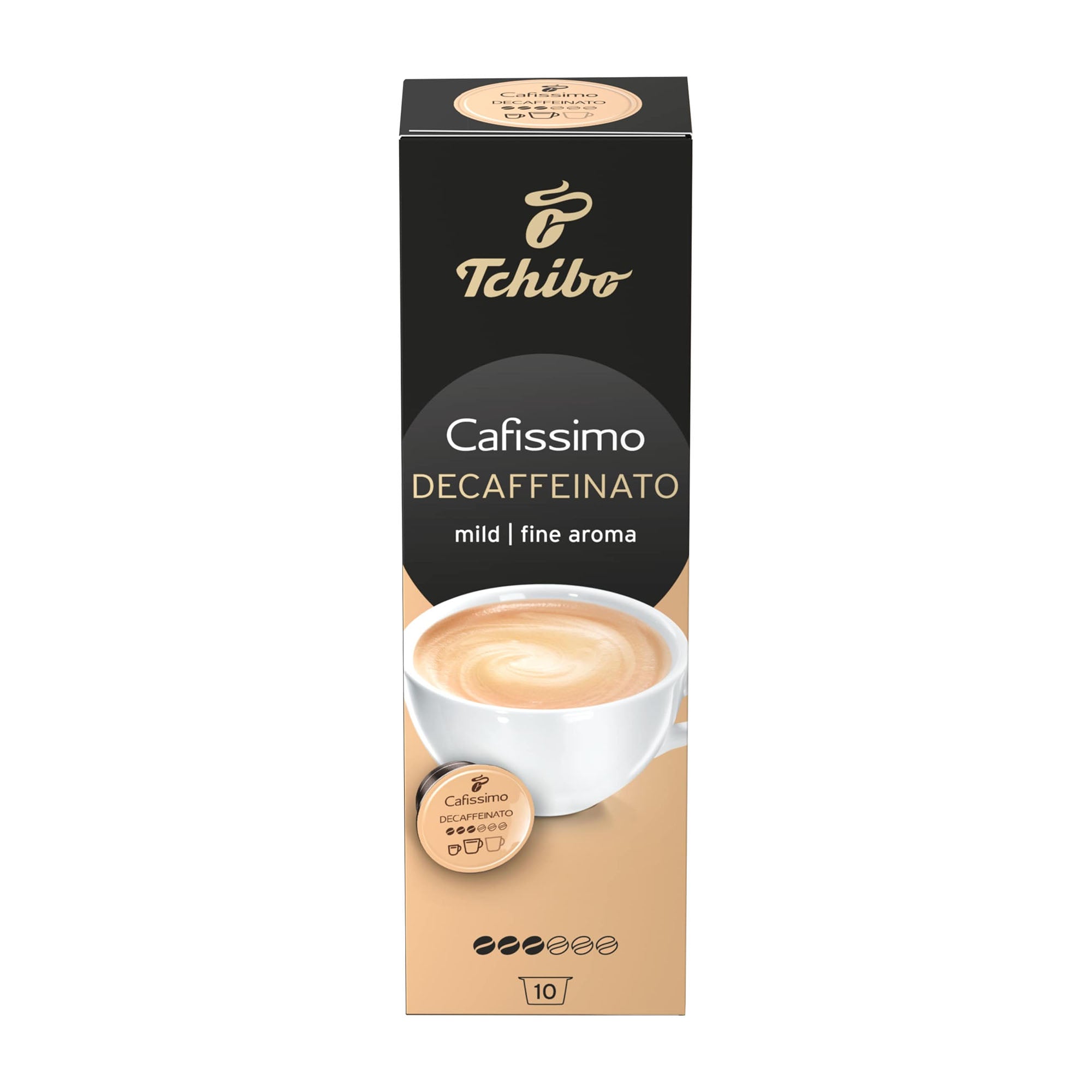 Tchibo Cafissimo Decaffeinato coffee capsules packaging on a white background