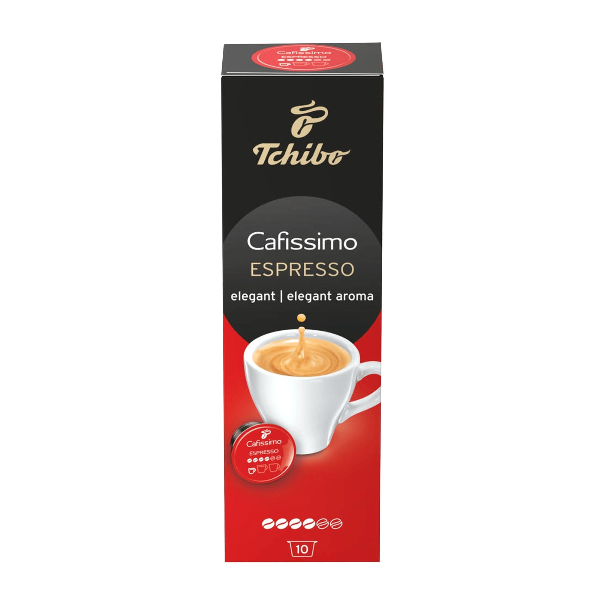 Tchibo Cafissimo Espresso Elegant Aroma coffee capsules packaging on a white background