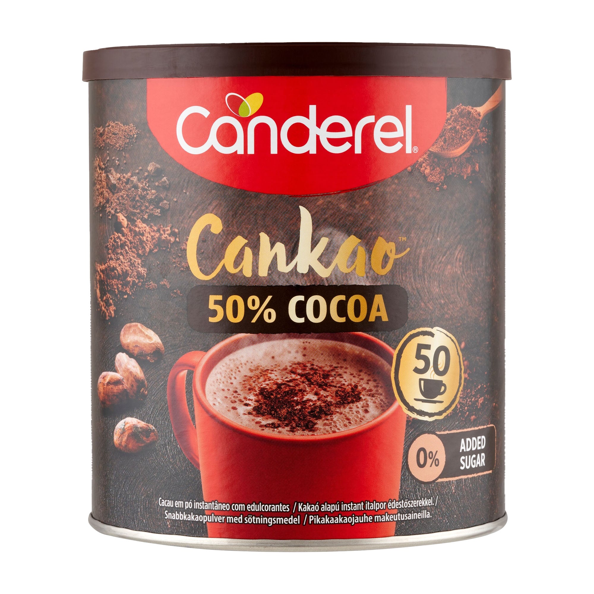 Canderel Cankao 50% Cocoa powder canister on a white background