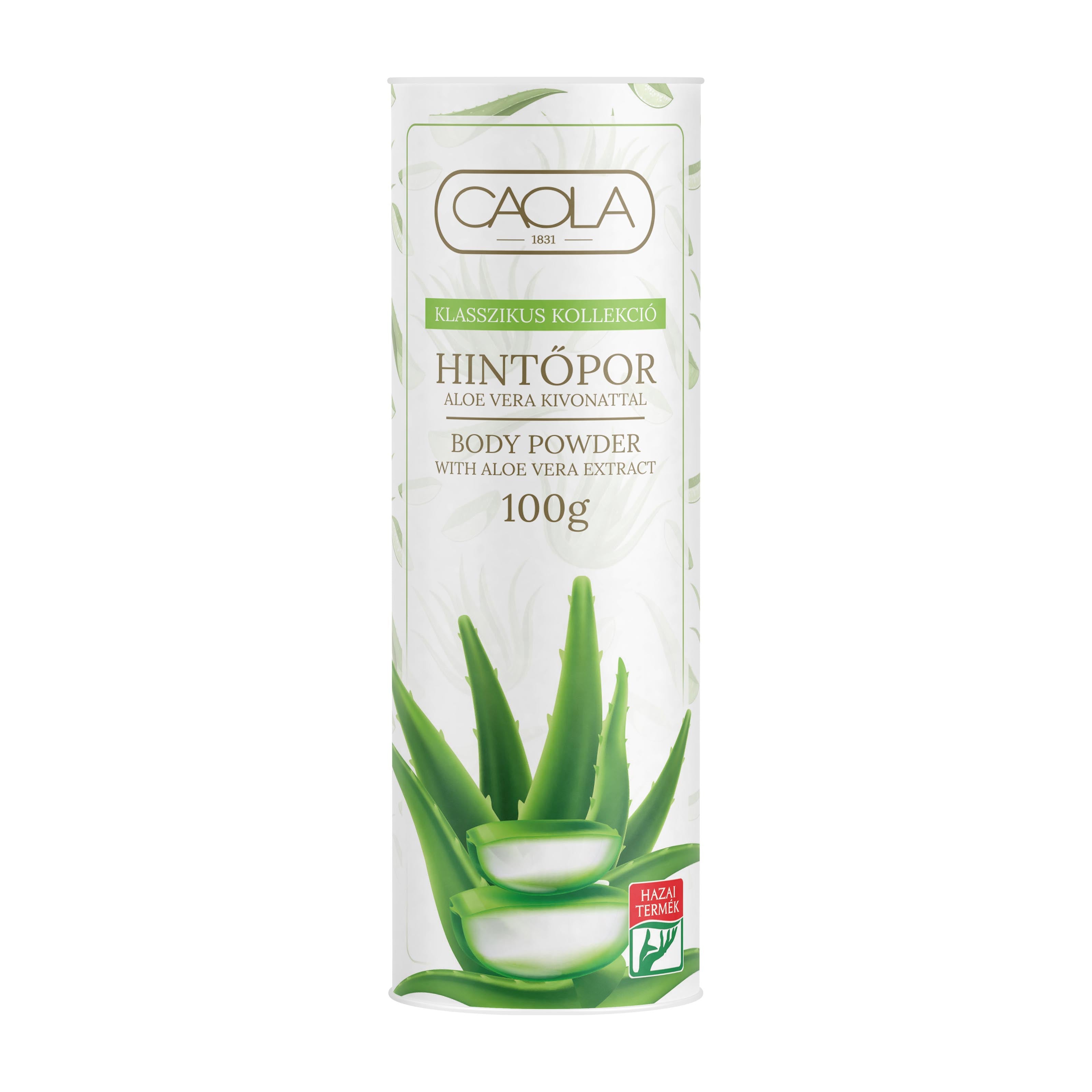 Caola body powder packaging with aloe vera extract on a white background
