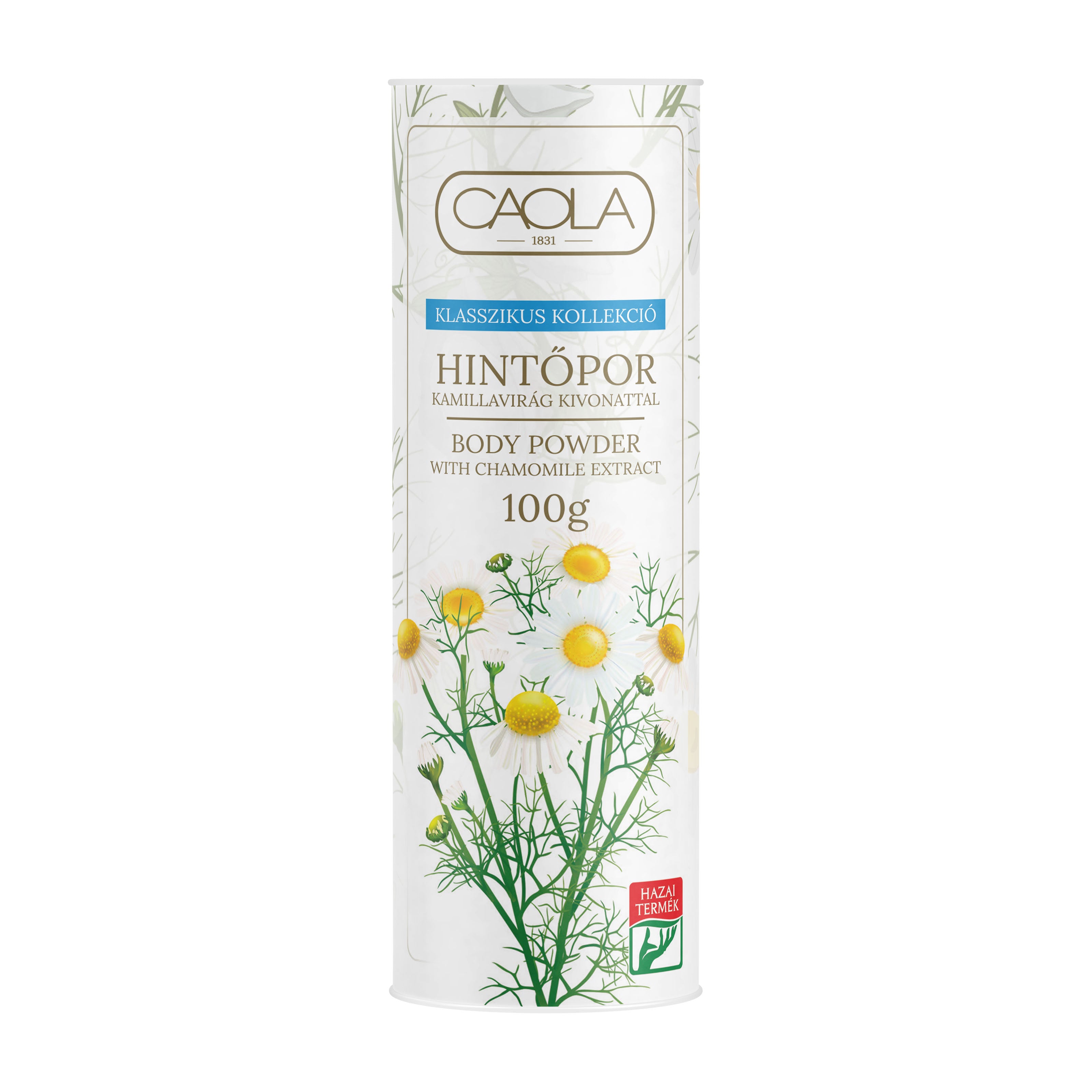 Caola body powder packaging with chamomile extract on a white background