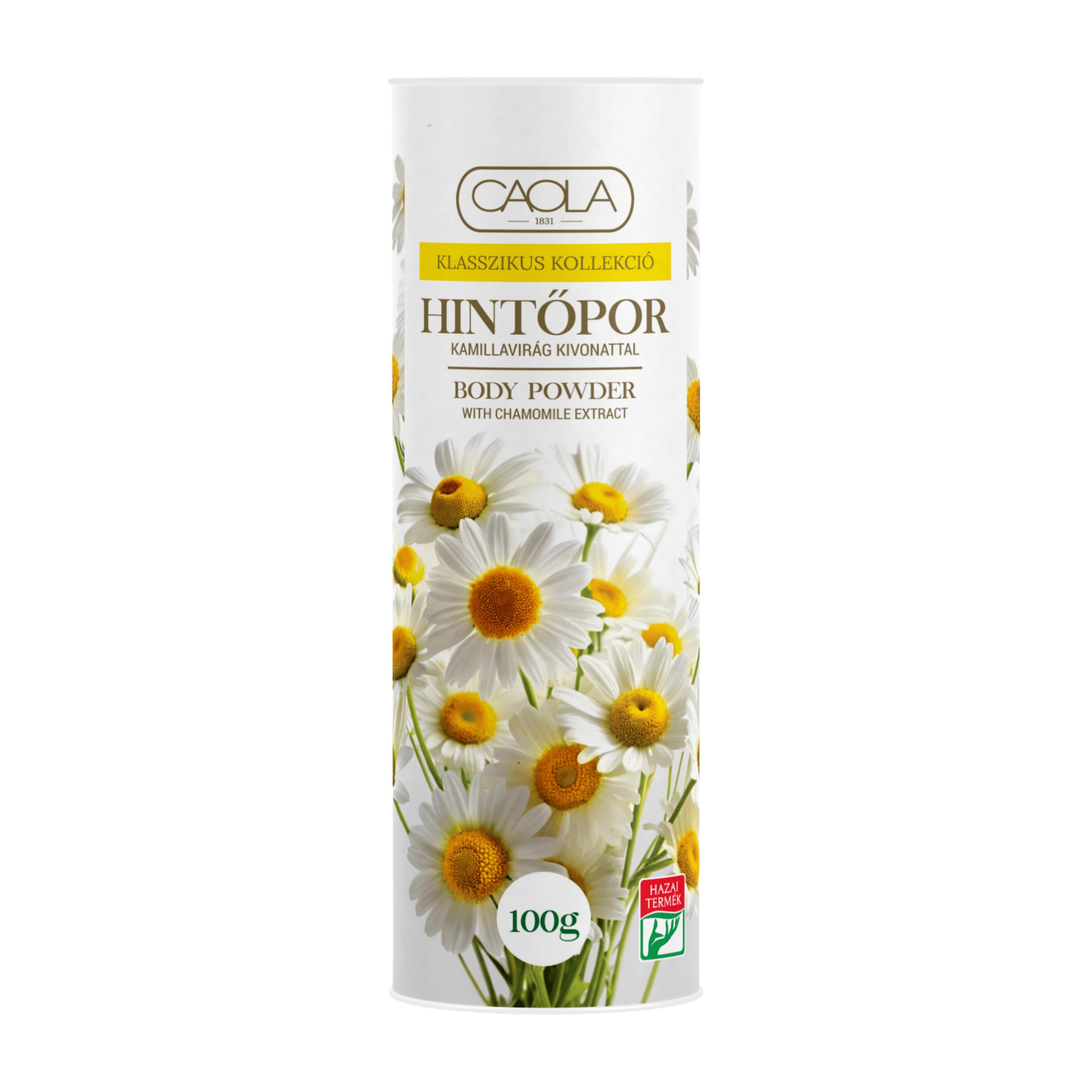 Caola body powder packaging with chamomile flowers on a white background