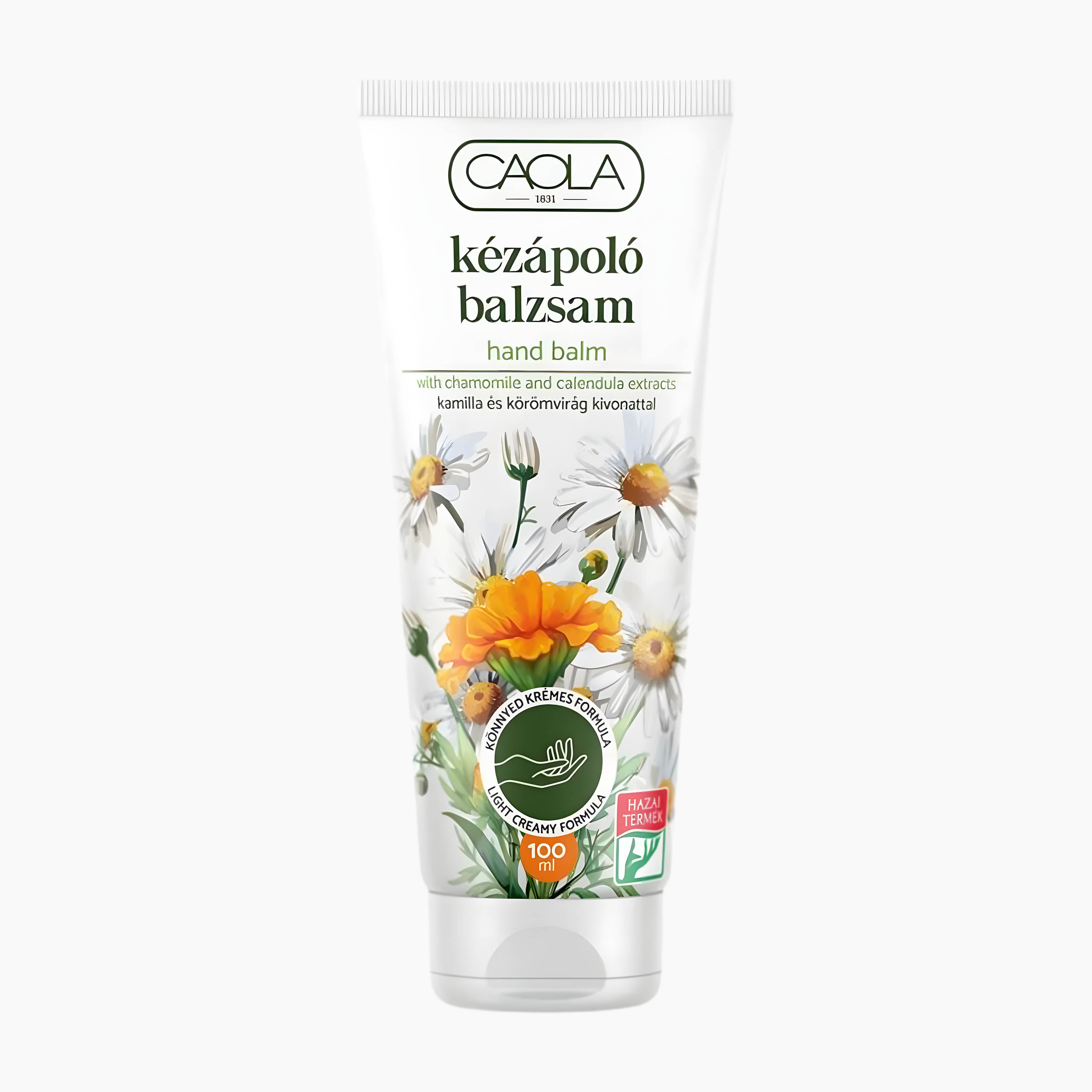 A tube of Caola Chamomile & Calendula hand balm featuring illustrations of chamomile and calendula on a white background.