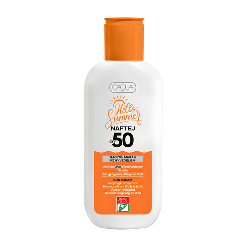Caola Hello Summer SPF50 Sun Cream bottle with orange cap and white label on a white background