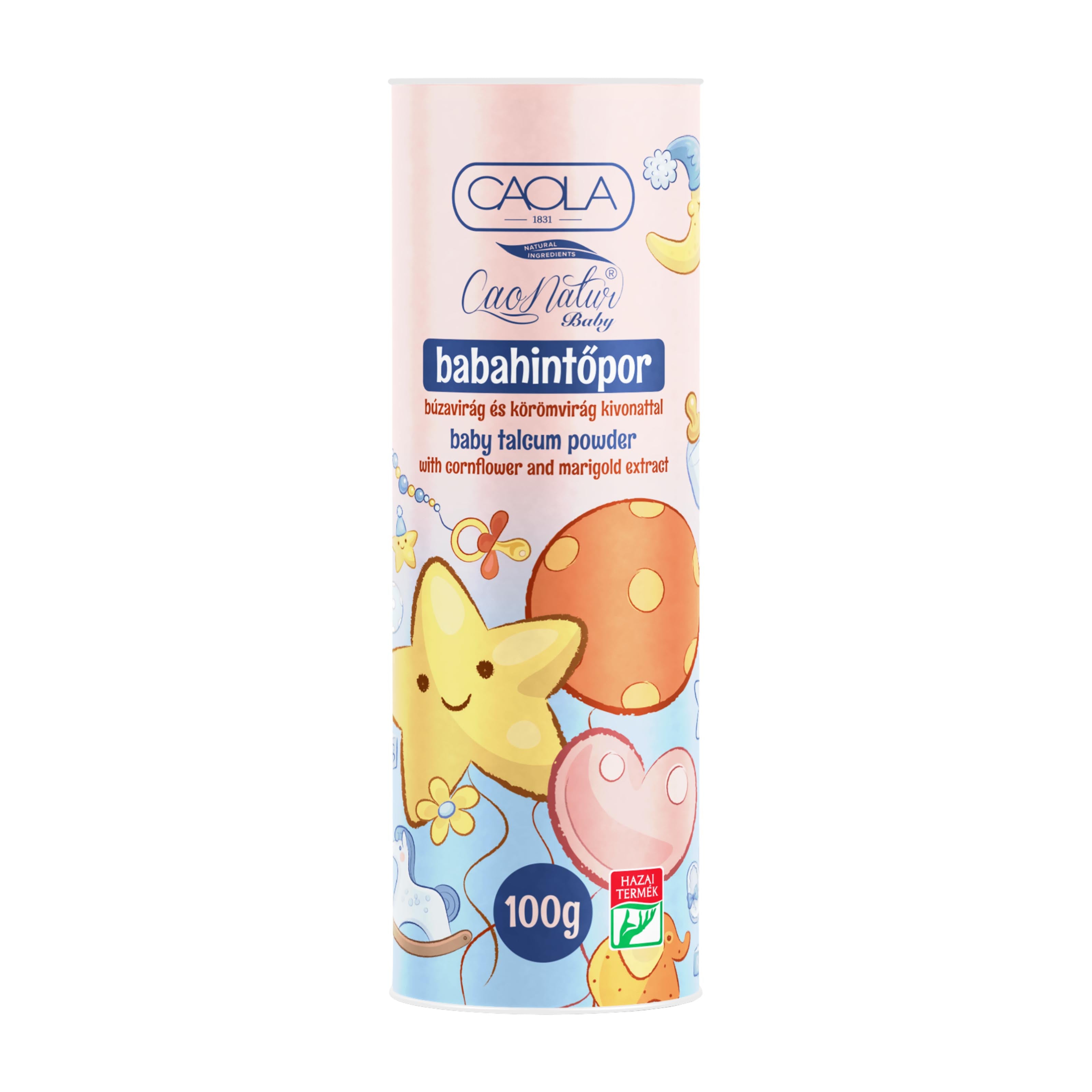 CAOLA CaoNatur baby talcum powder packaging with cartoon characters on a white background