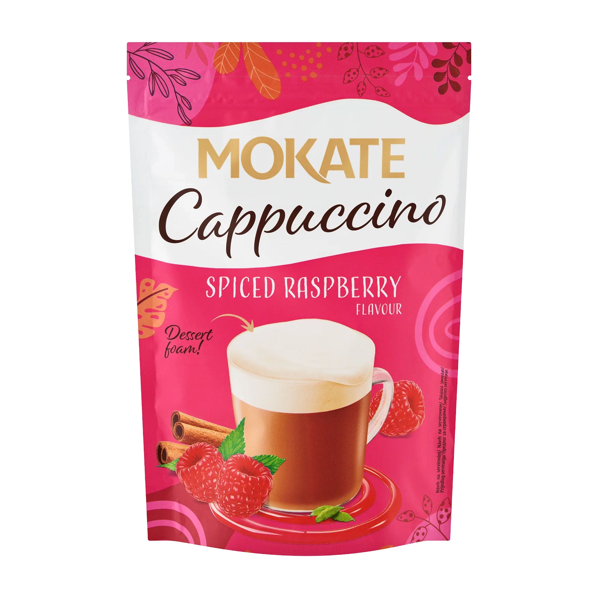 Mokate Cappuccino Spiced Raspberry flavor packaging on a white background