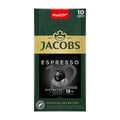 Packaging of Jacobs Espresso 12 Ristretto nespresso coffee capsules with a green and black design, indicating the flavor intensity level of 12/12.