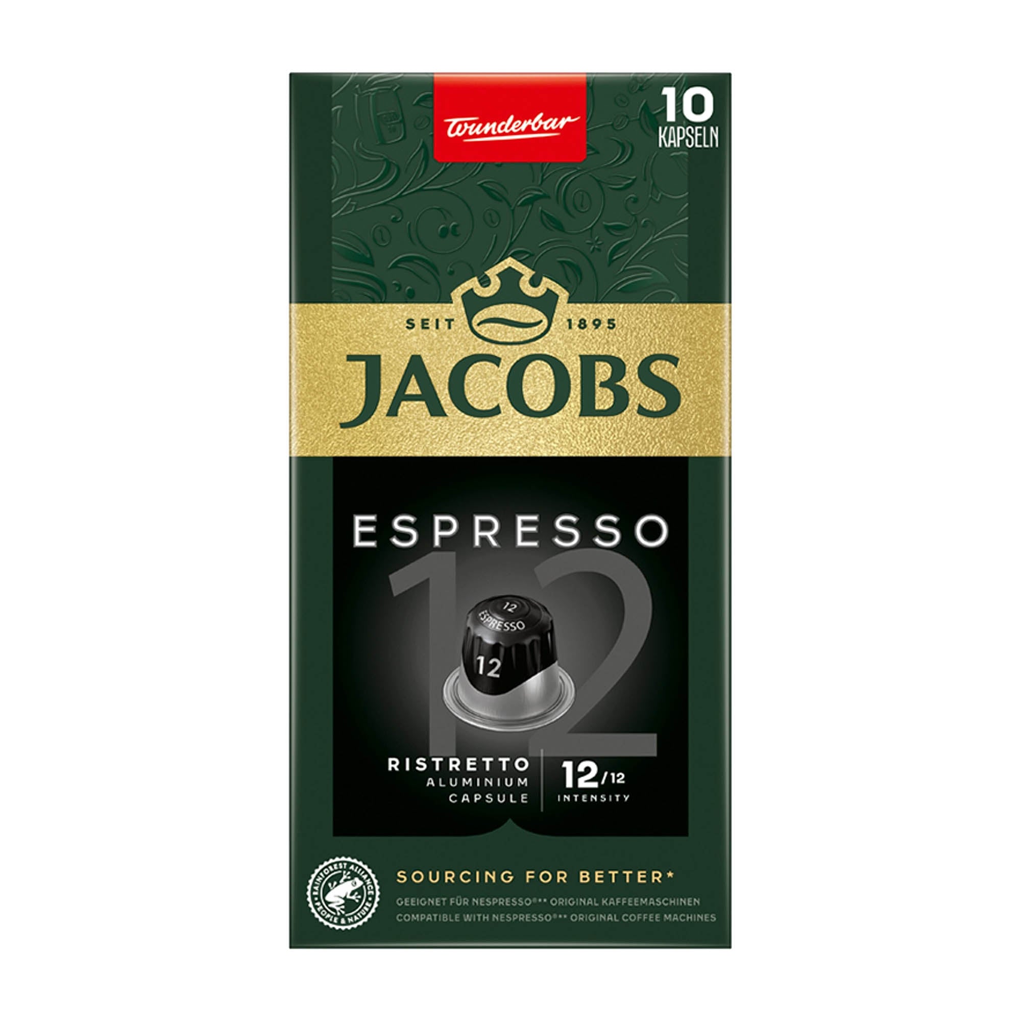 Packaging of Jacobs Espresso 12 Ristretto nespresso coffee capsules with a green and black design, indicating the flavor intensity level of 12/12.