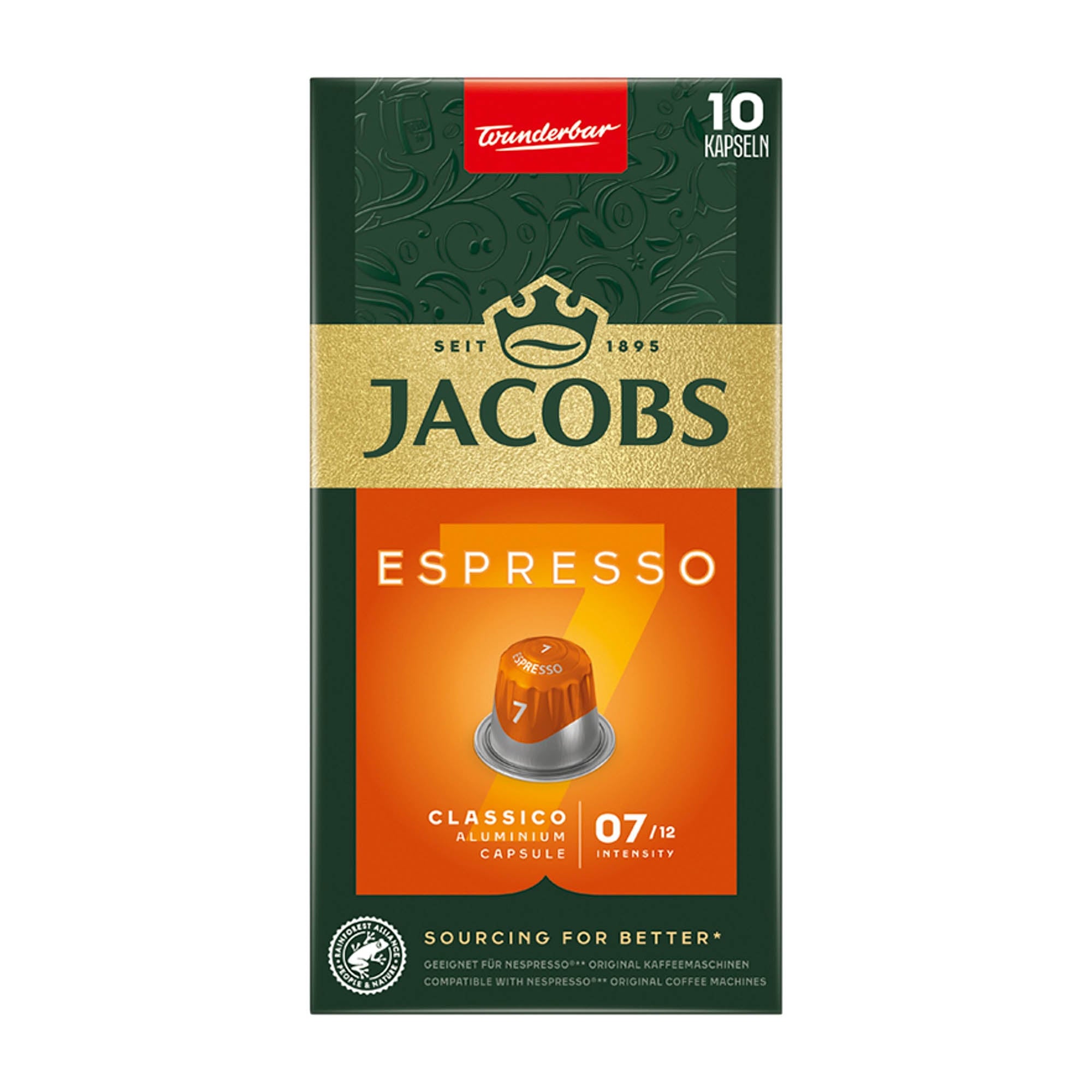 Packaging of Jacobs Espresso Classico nespresso coffee capsules with 10 count. The packaging is predominantly green with orange accents and features an image of a single espresso capsule.