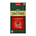 Packaging of Jacobs Lungo Classico nespresso coffee capsules with a green and red design, featuring the Jacobs logo and the capsule's flavor profile of spices and wood.