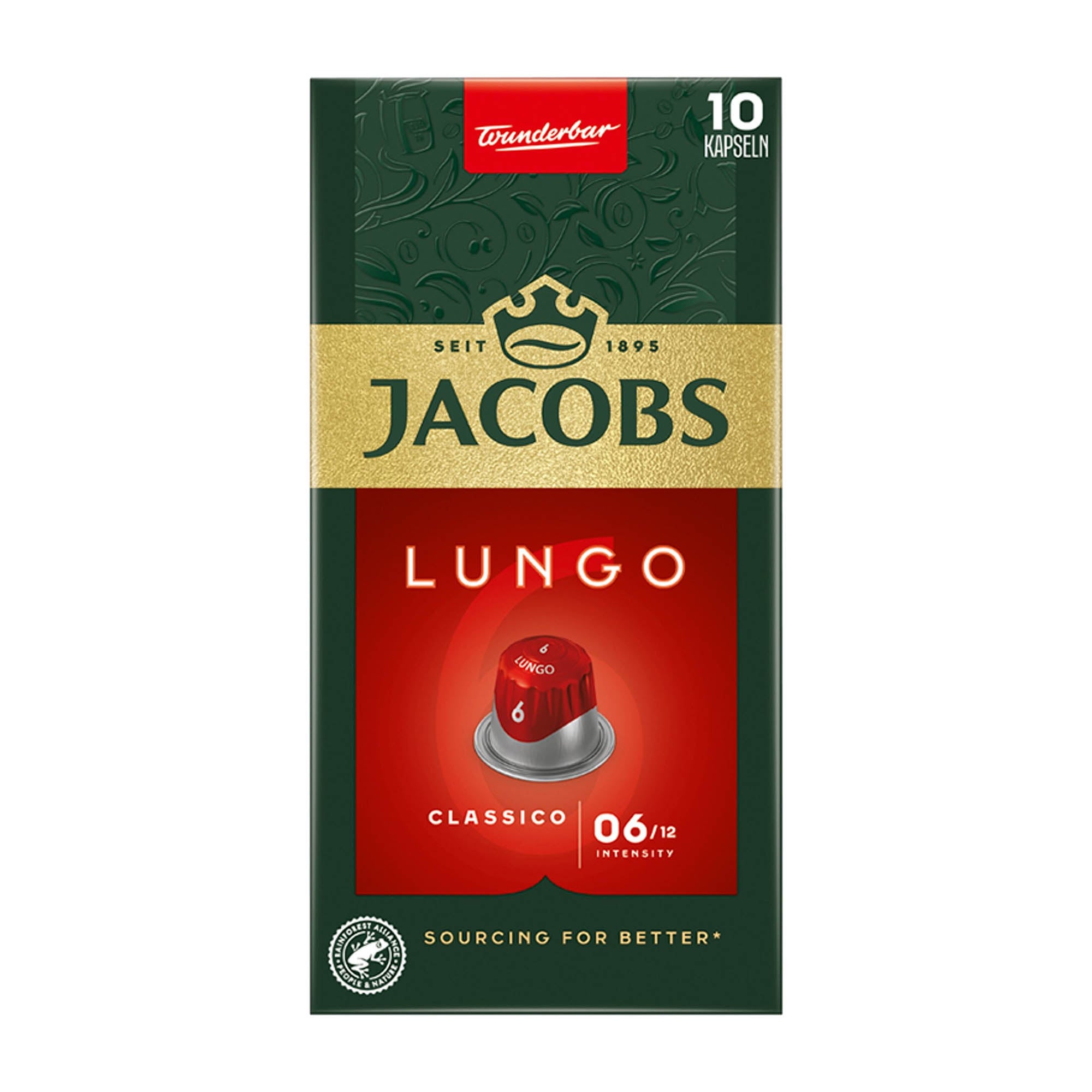 Packaging of Jacobs Lungo Classico nespresso coffee capsules with a green and red design, featuring the Jacobs logo and the capsule's flavor profile of spices and wood.