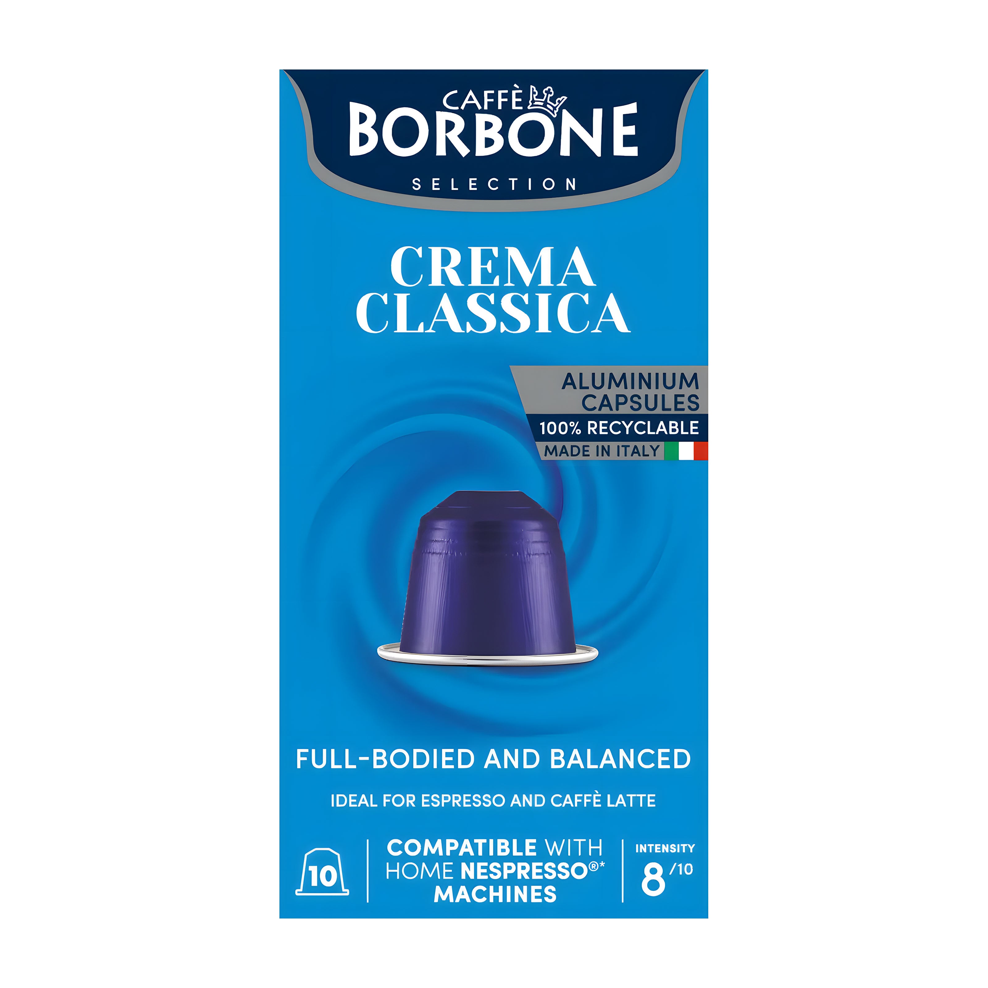 Caffe Borbone Crema Classica nespresso coffee capsules packaging on a white background