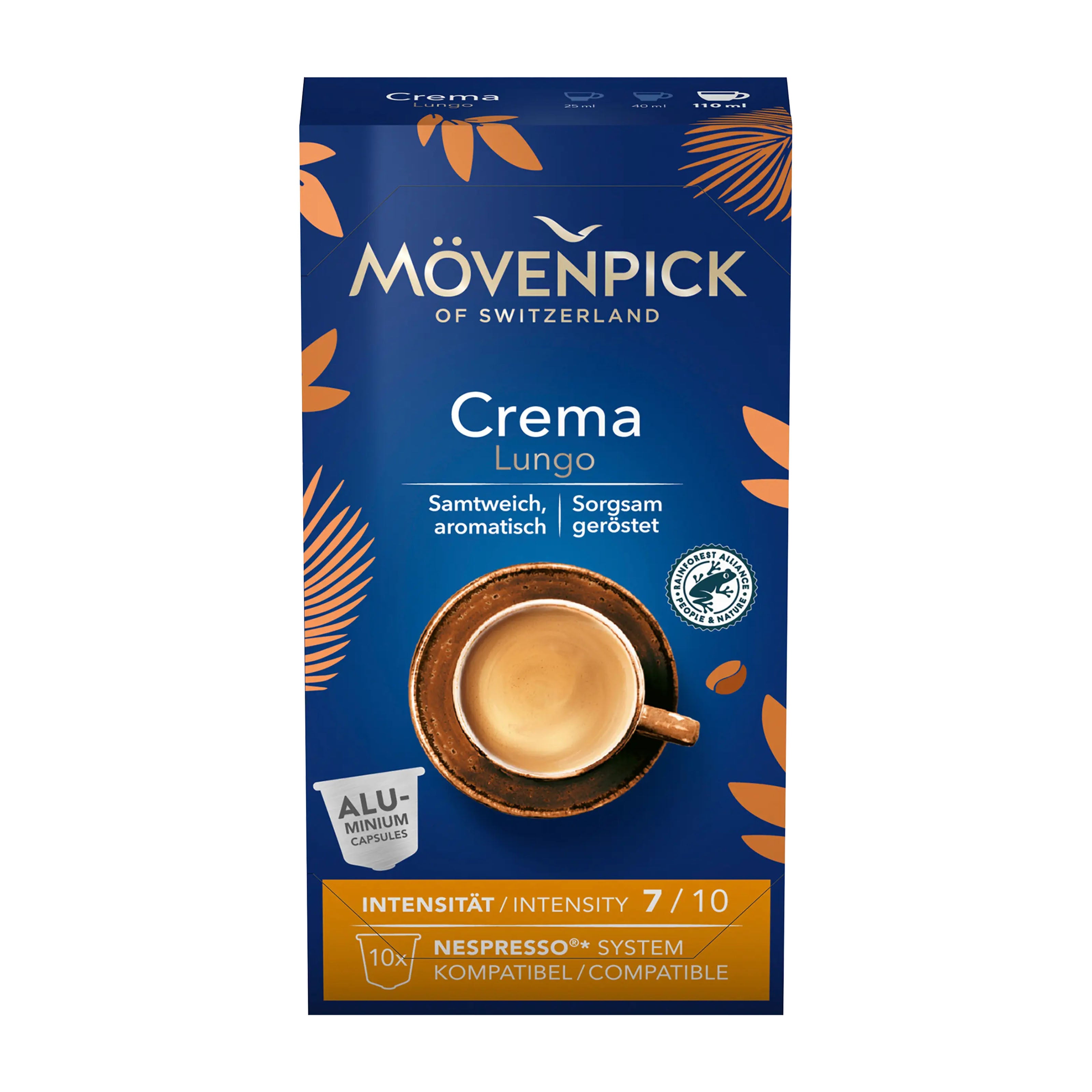 Movenpick Crema Lungo coffee capsules packaging on a white background