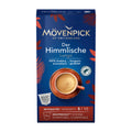 Movenpick Der Himmlische Lungo coffee capsules packaging with a cup of coffee on a blue background