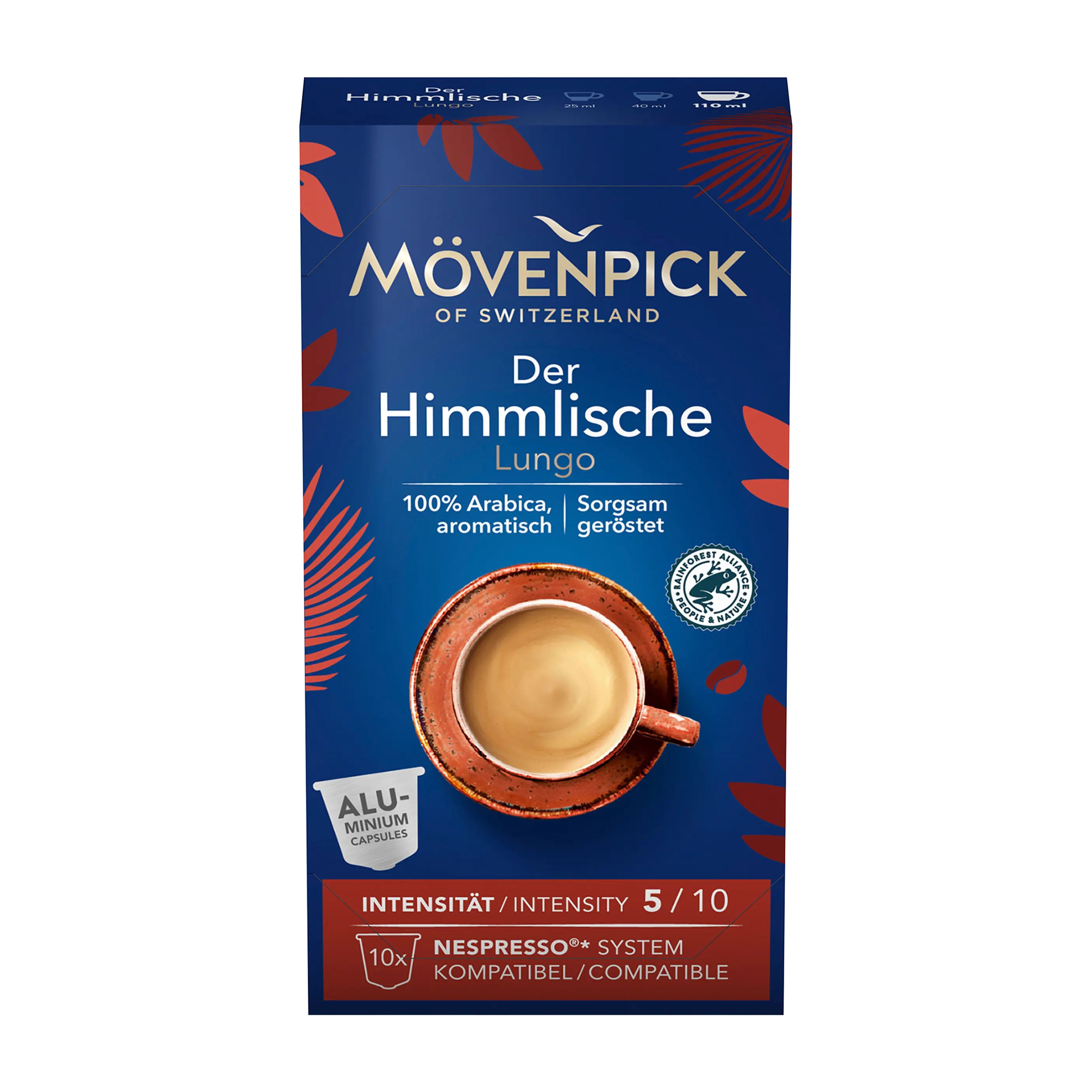 Movenpick Der Himmlische Lungo coffee capsules packaging with a cup of coffee on a blue background