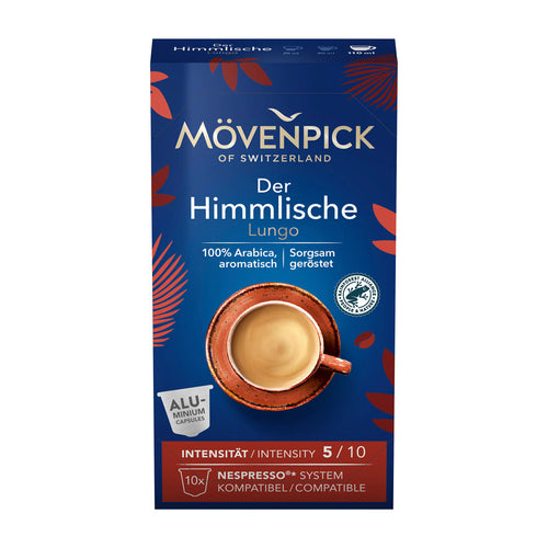 Movenpick Der Himmlische Lungo coffee capsules packaging with a cup of coffee on a blue background