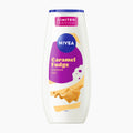 Nivea Caramel Fudge Shower Gel in a 250ml white bottle with a blue cap, featuring a purple and yellow label with caramel fudge graphics.