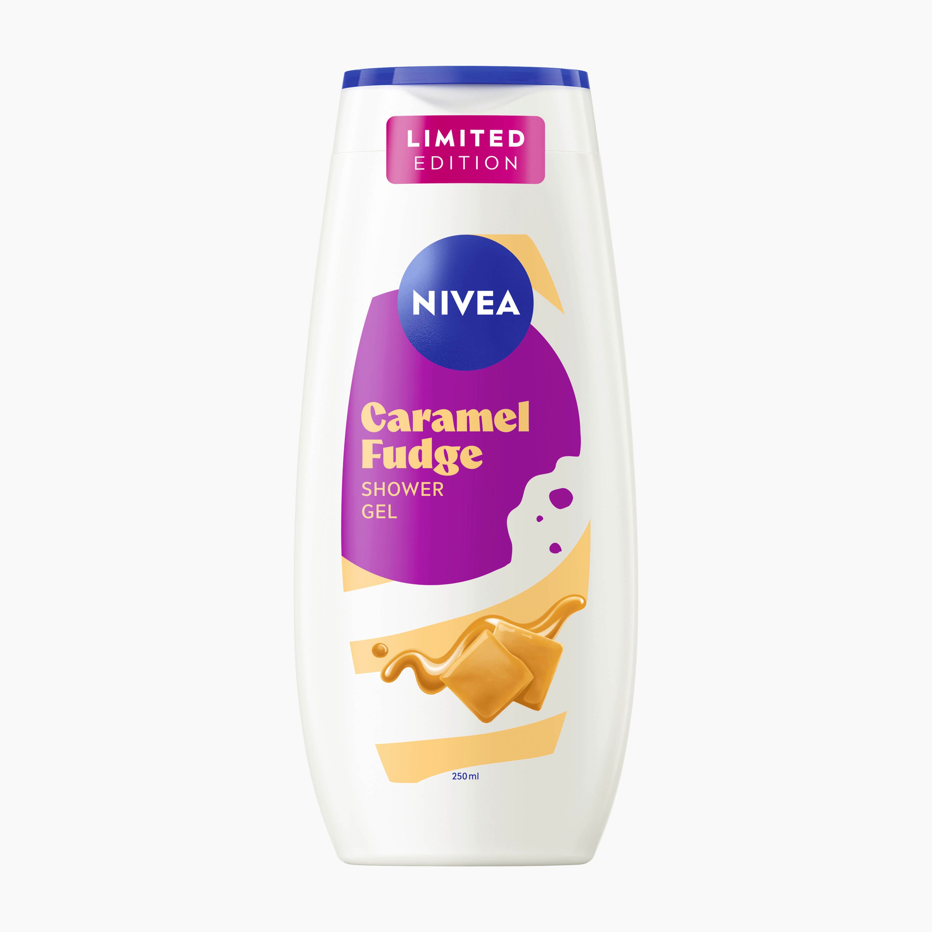 Nivea Caramel Fudge Shower Gel in a 250ml white bottle with a blue cap, featuring a purple and yellow label with caramel fudge graphics.